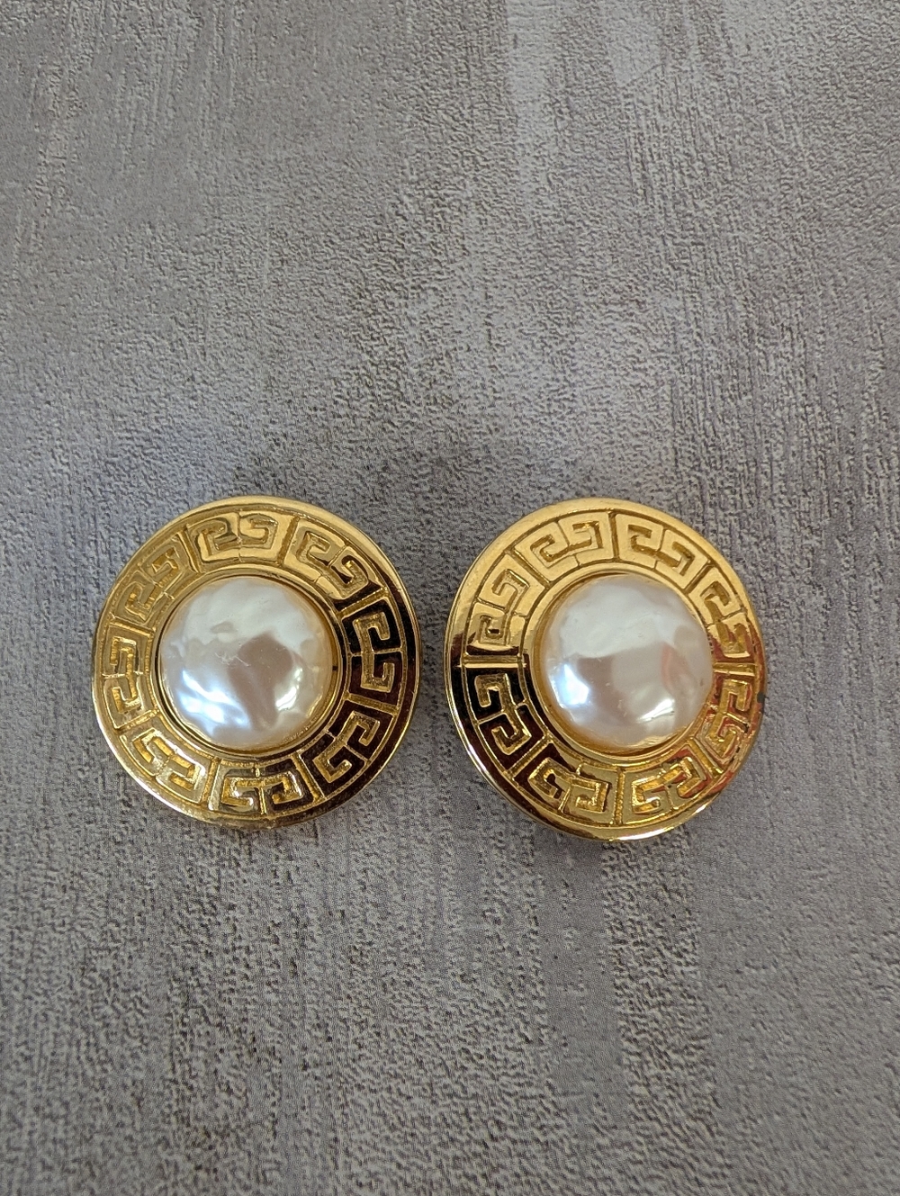 Vintage Givenchy Gold-Tone Pearl Center Greek Key Clip-On Earrings